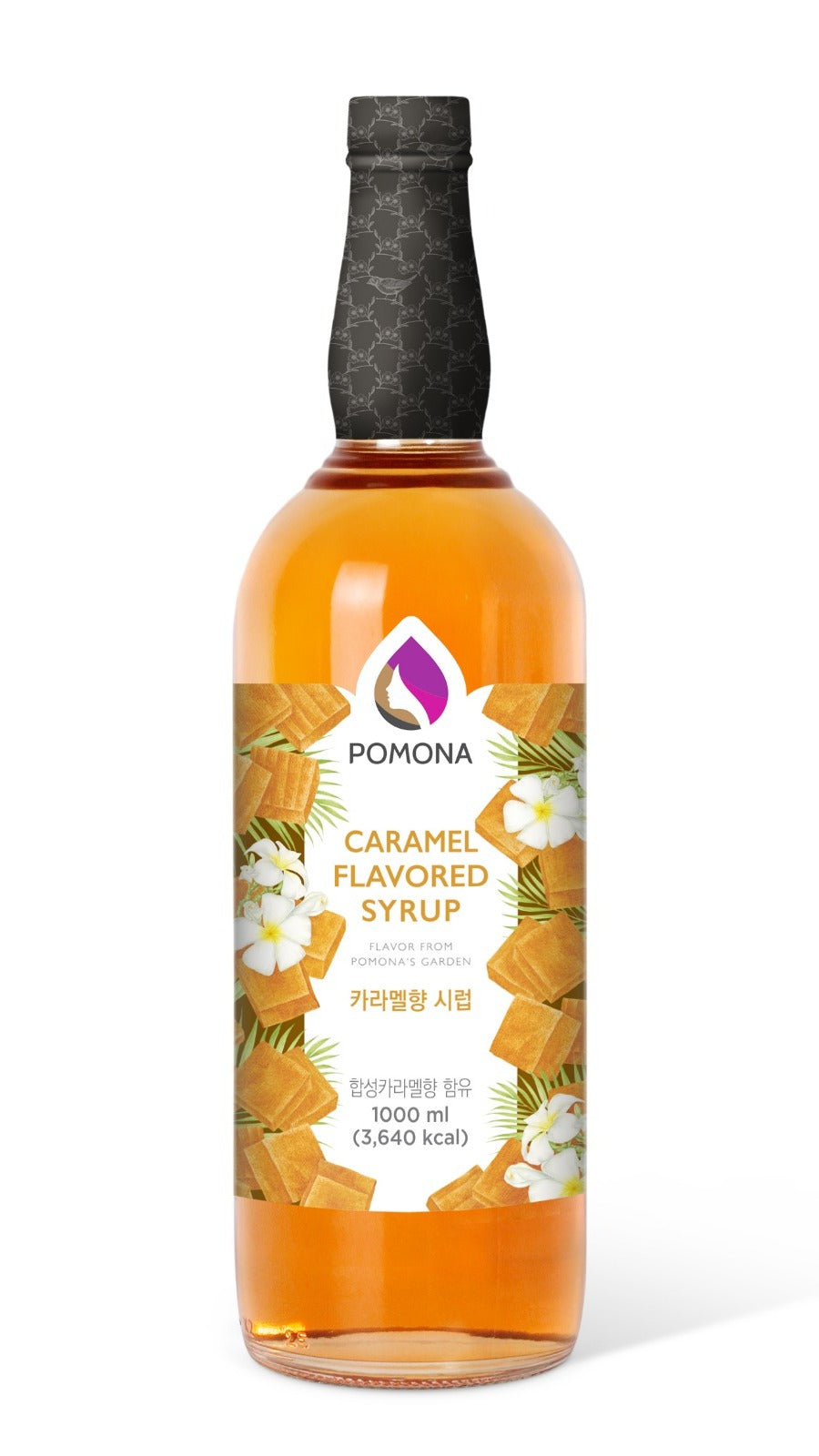 Bottle of caramel flavored syrup with a label on a white background