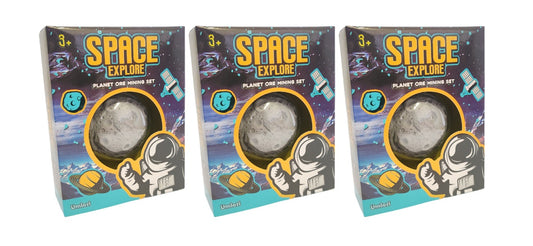 Three packages of 'Space Explore' planet moon model sets on a white background, dig and discover