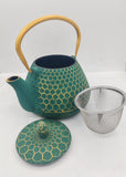 Cast iron teapot, Cildan Tea Merchant, Green Cast iron teapot 1000ml with parts laid out