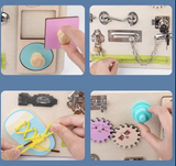 Colorful wooden busy board for toddlers featuring interactive activities like locks, zippers, gears, and more for sensory development and fine motor skills
