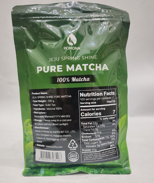 Green package of Jeju Spring Shine Pure Matcha with nutritional information on a white background