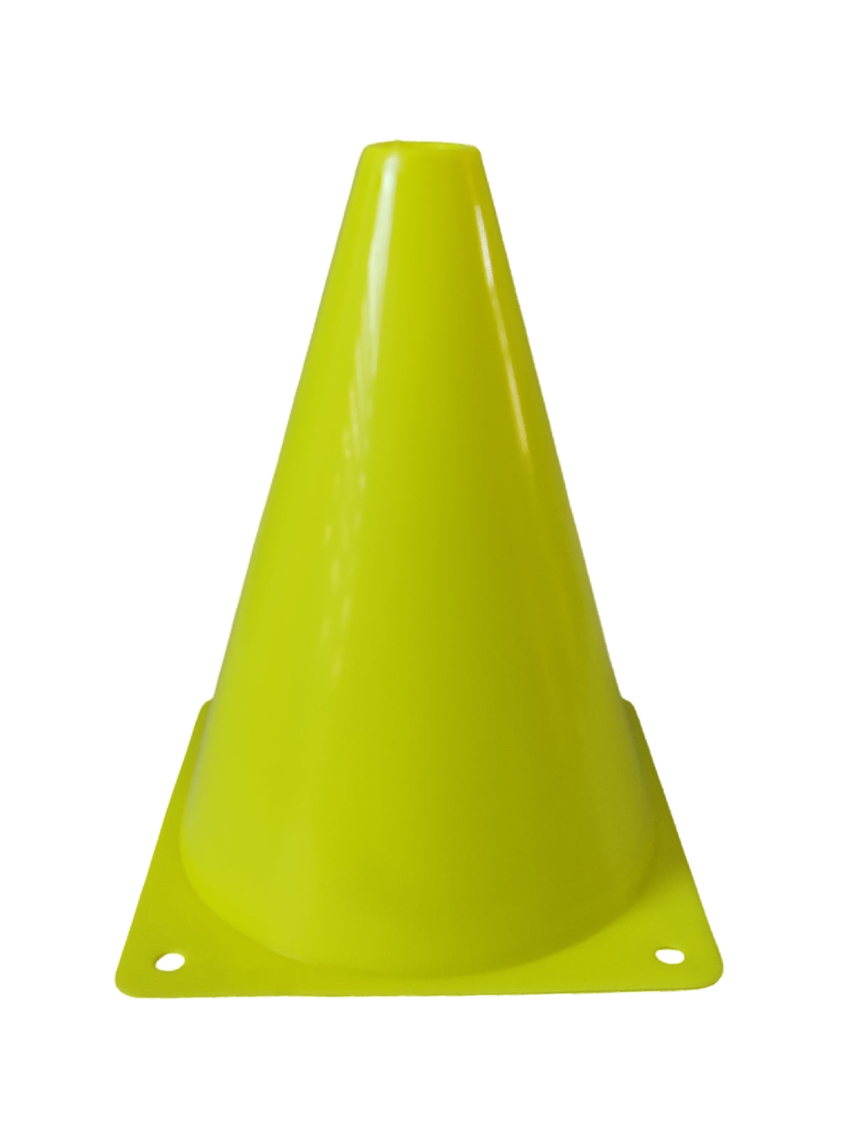 A bright yellow plastic traffic safety cone with a flat mounting plate featuring two pre-drilled holes, shown on a plain white background.