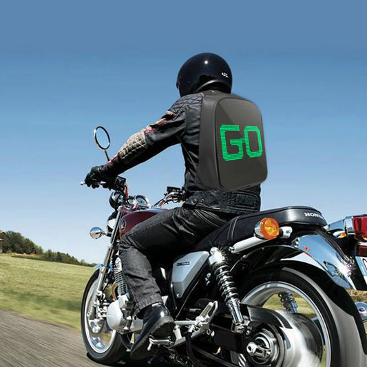 LED back pack, laptop bag, product image, lifestyle biker riding