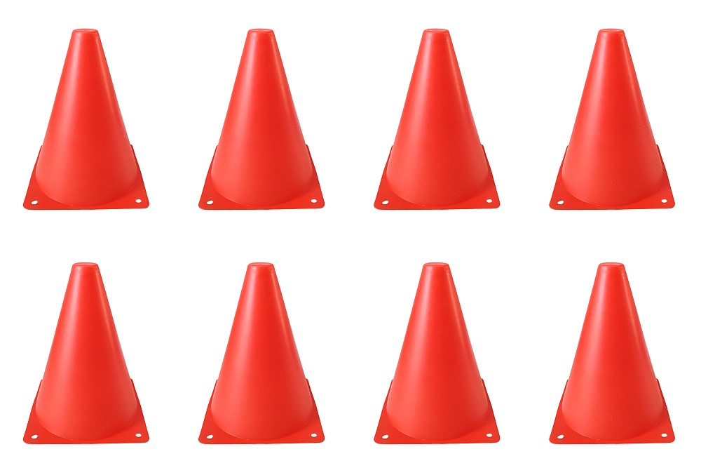 Eight bright red plastic traffic cones arranged in two rows of four on a plain white background.