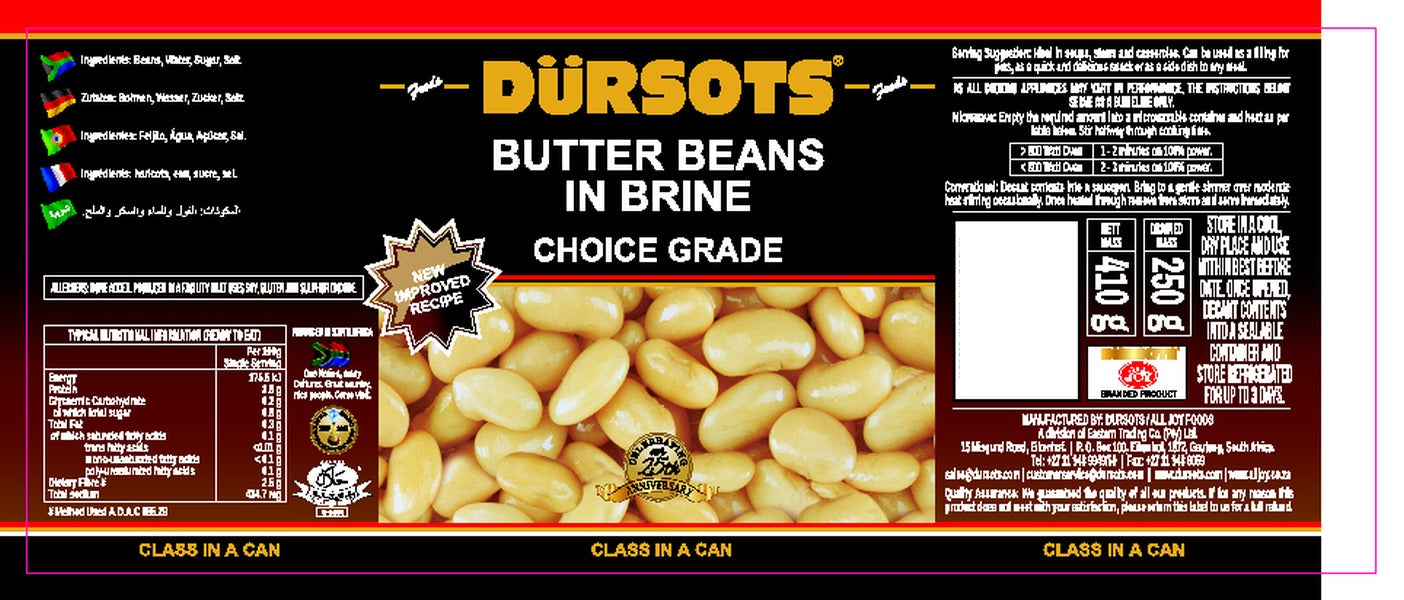 Dürsots Butter Beans In Brine & Tomato Sauce - 12 x 410g