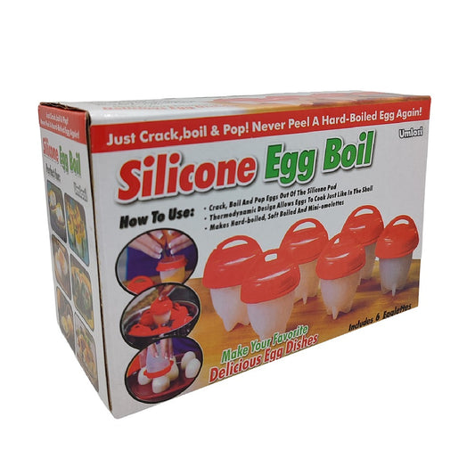 Box of Silicone Egg Boil with red silicone molds on a white background
