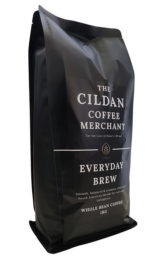 Black coffee bag from The Cildan Coffee Merchant on a white background