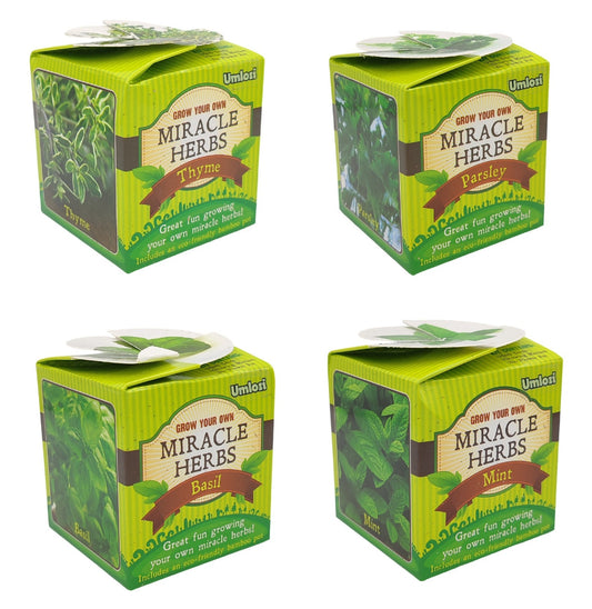 Four boxes of Miracle Herbs with different herbs on a white background