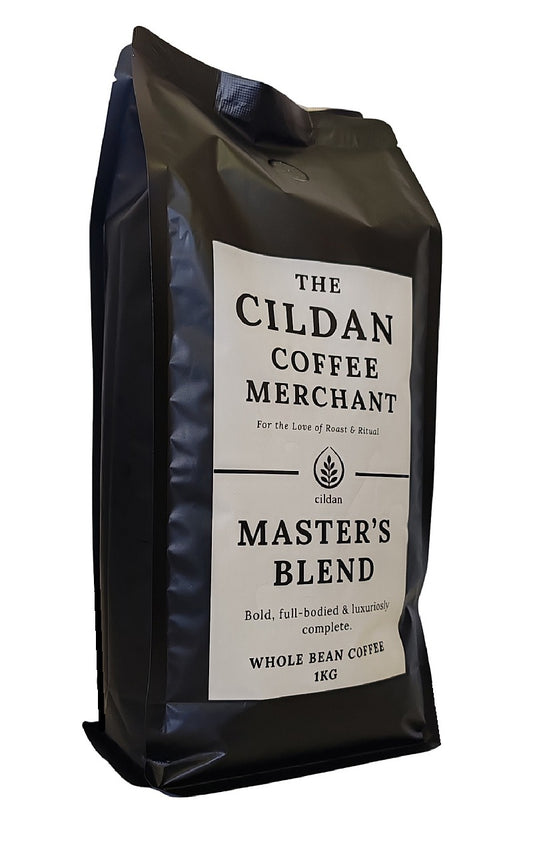 Coffee bag labeled 'The Cildan Coffee Merchant Master's Blend' on a white background