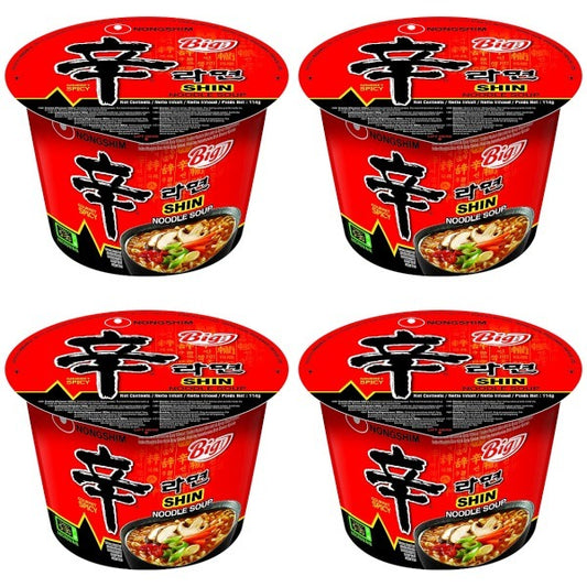 Four containers of Shin Noodle Soup with red and black packaging.