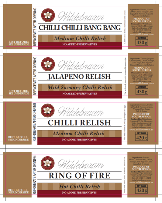 Collection of Wildebraim relish labels with different types of relish.