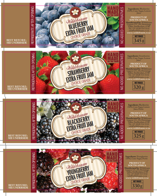Wildebraam Berry Combo: Youngberry, Blueberry, Blackberry and Strawberry Jam 4 x Jar