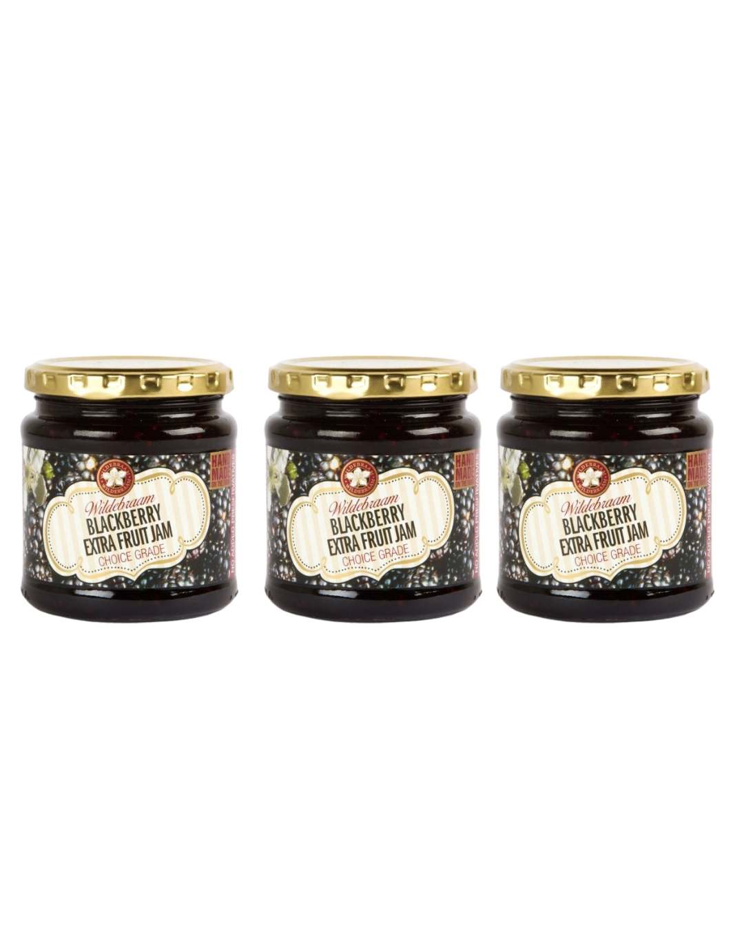 Three jars of blackberry extra fruit jam with gold lids on a white background