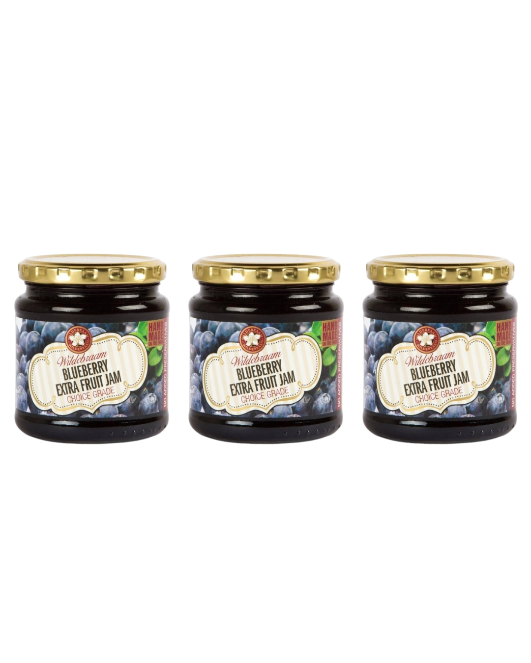 Three jars of blueberry extra fruit jam on a white background