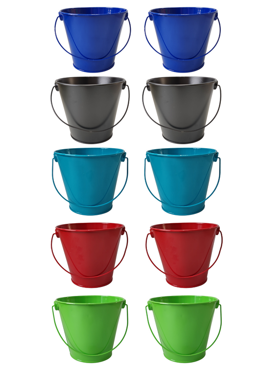 Set of colorful buckets in blue, gray, red, green, and turquoise on a white background