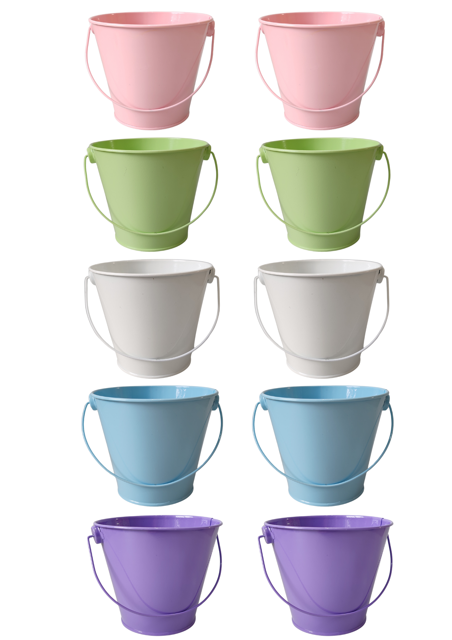 Set of colorful buckets in various pastel shades on a white background