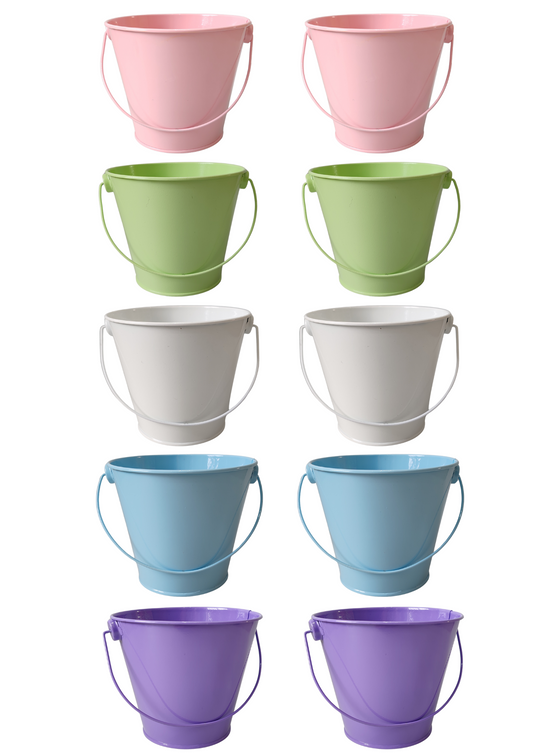 Set of colorful buckets in various pastel shades on a white background