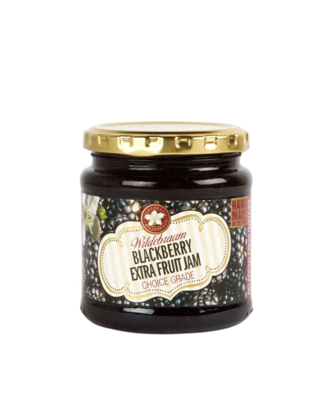 Jar of Wildberrian Blackberry Extra Fruit Jam on a white background
