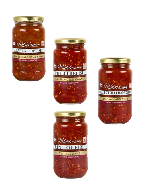 Four jars of Wildesraum Chilli Relish on a white background
