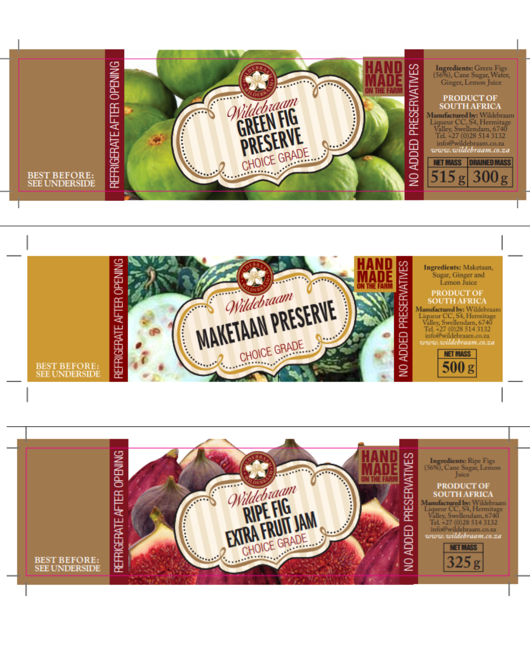 Three packages of Wildfruittan preserves and jam with green figs, maketaan, and ripe figs on the labels.