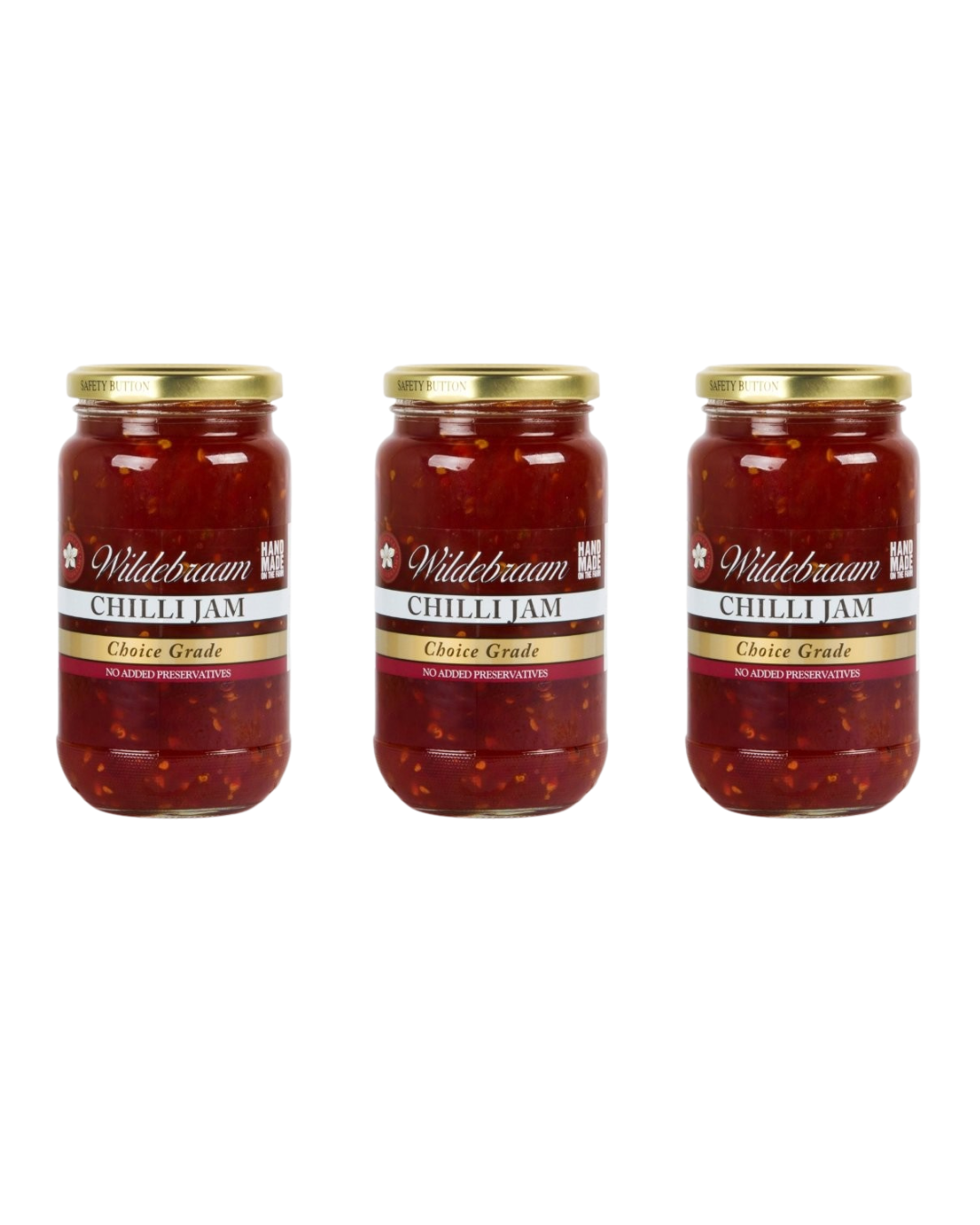 Three jars of Wildbraam Chilli Jam on a white background