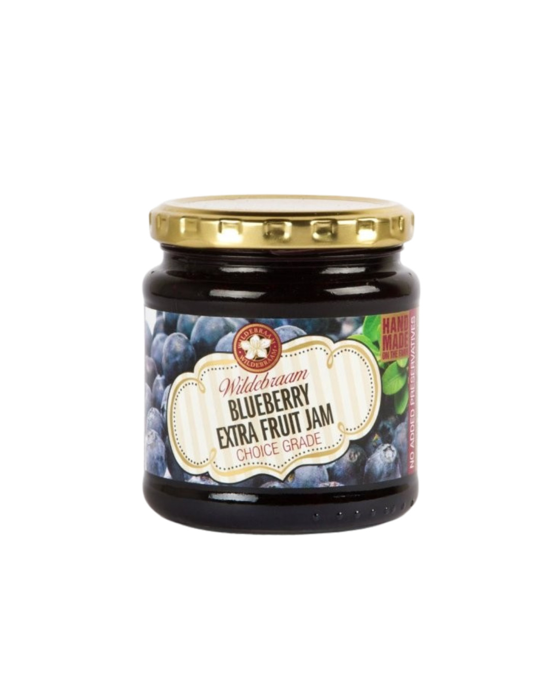 Jar of Wildbaum Blueberry Extra Fruit Jam on a white background