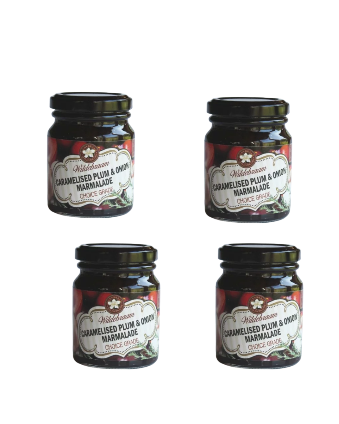Wildebraam Plum and Caramelised Onion Jam, Handmade Preserve - 4 x 180g Jars