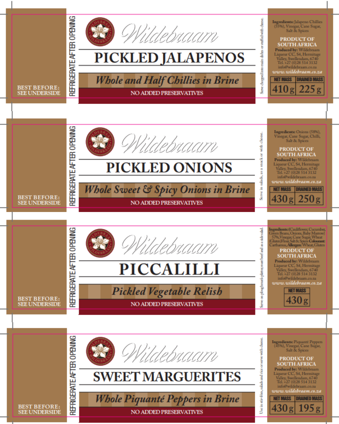 Wildebraam Pickle Combo: Piccalilli, Sweet Marguerites, Jalapenos and Onions 4 x Jar