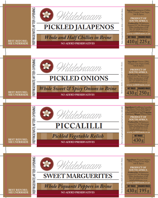 Wildebraam Pickle Combo: Piccalilli, Sweet Marguerites, Jalapenos and Onions 4 x Jar