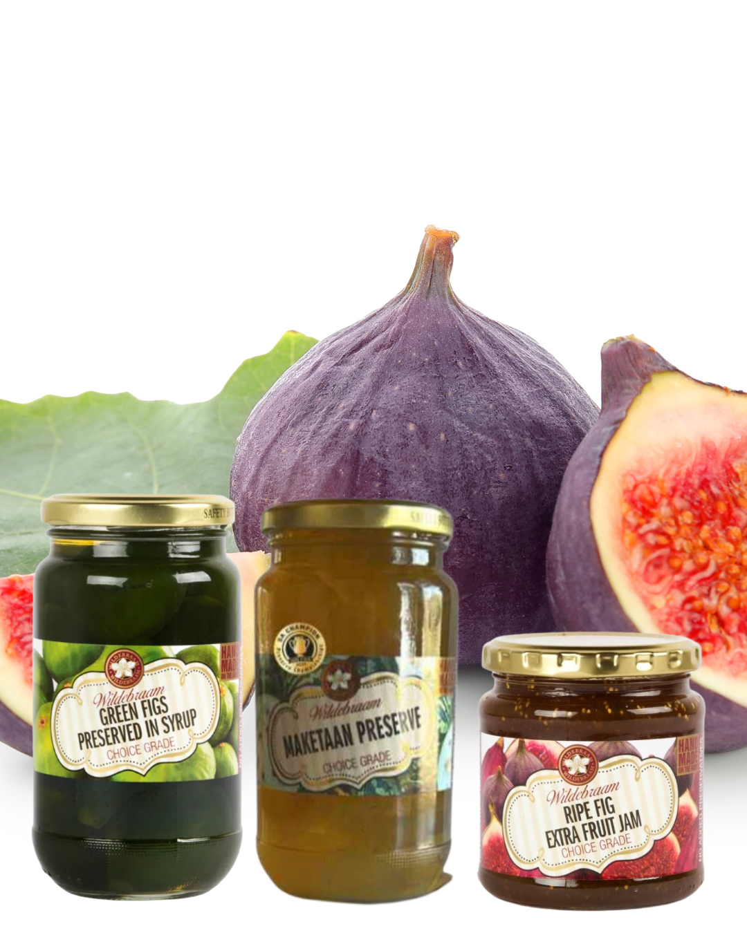 Three jars of fig preserves with fresh figs on a white background