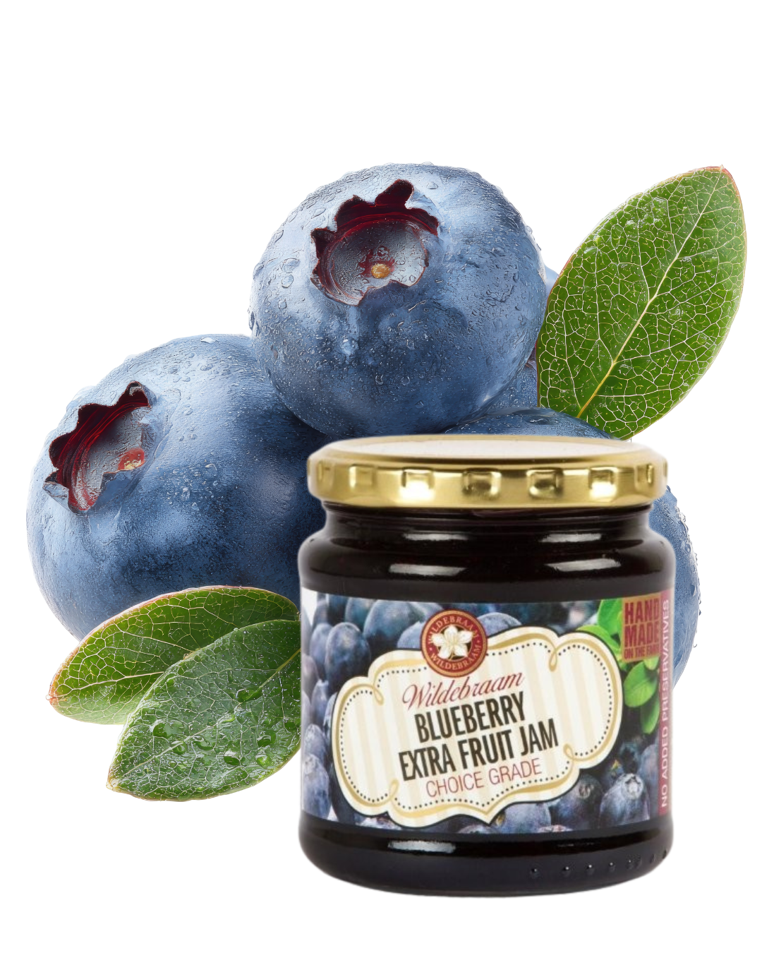 Jar of blueberry jam with fresh blueberries on a white background