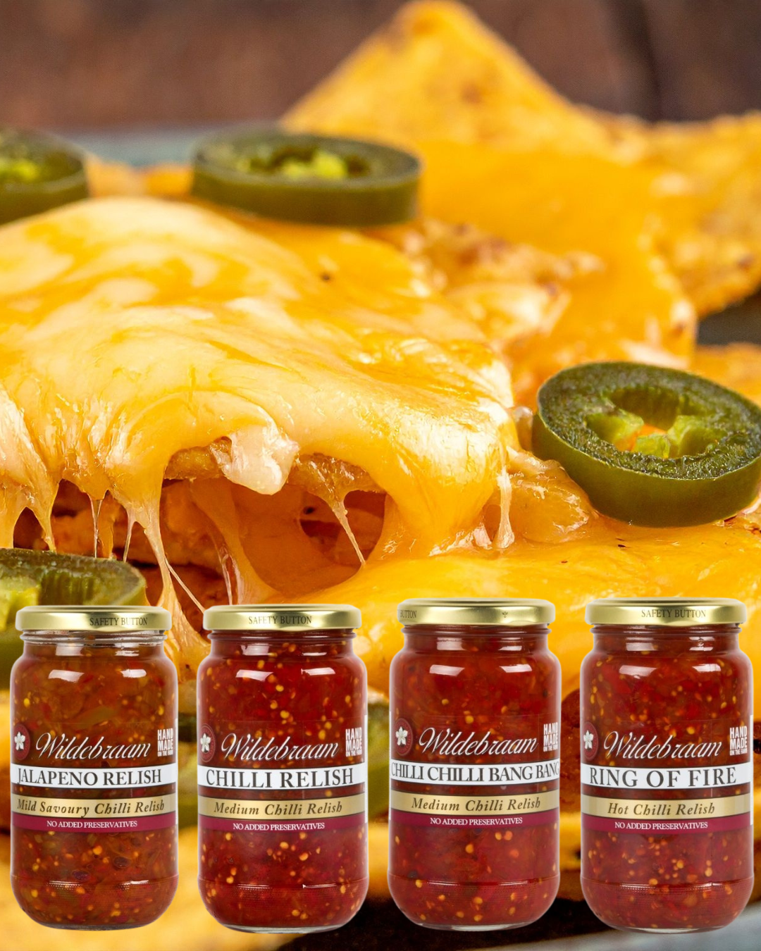 Jars of Wildbraun chili relish with a cheesy nacho dish in the background