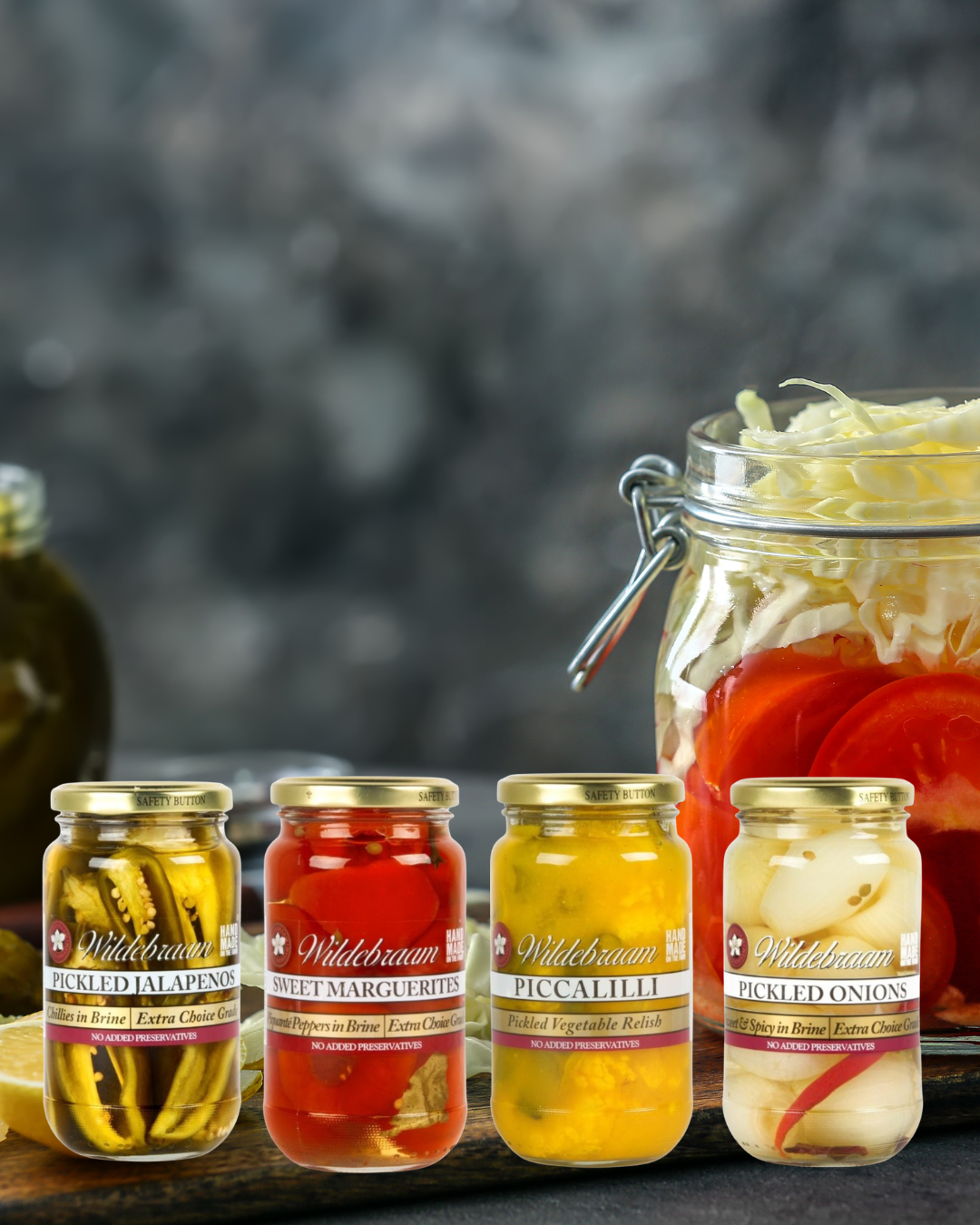 Wildebraam Pickle Combo: Piccalilli, Sweet Marguerites, Jalapenos and Onions 4 x Jar