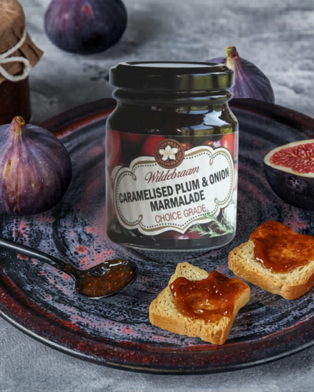 Wildebraam Plum and Caramelised Onion Jam, Handmade Preserve - 4 x 180g Jars