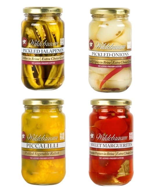 Wildebraam Pickle Combo: Piccalilli, Sweet Marguerites, Jalapenos and Onions 4 x Jar