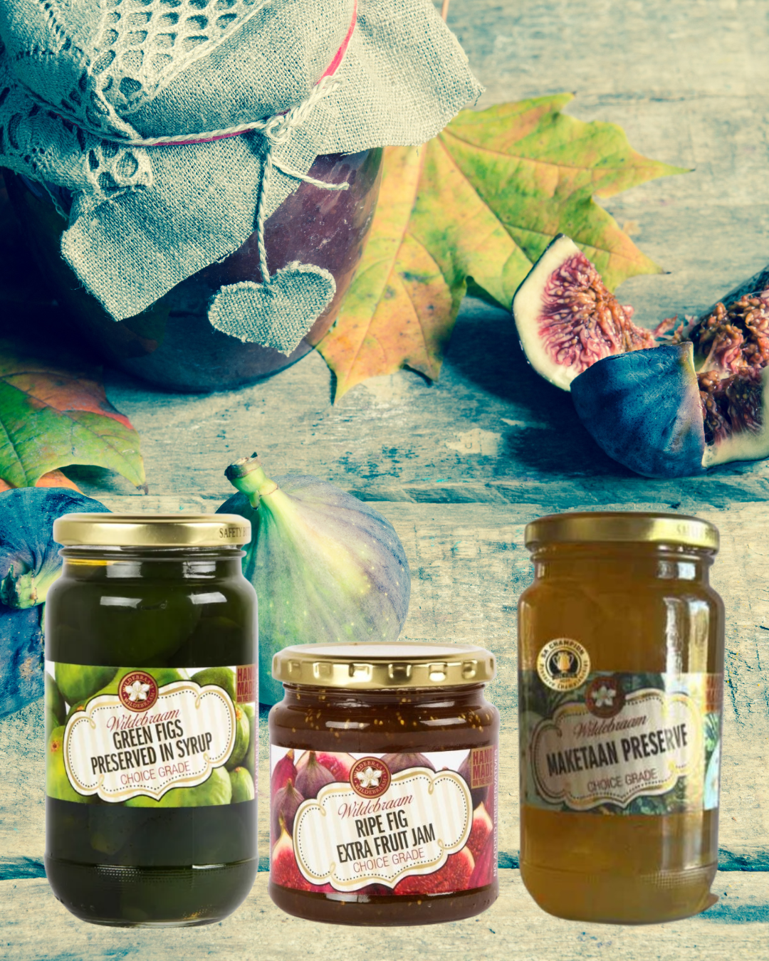 Three jars of preserves with figs and a cloth on a textured surface