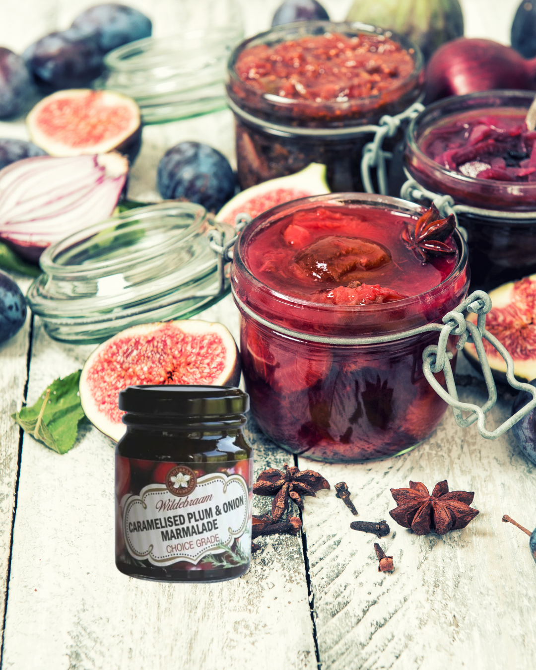 Wildebraam Plum and Caramelised Onion Jam, Handmade Preserve - 4 x 180g Jars