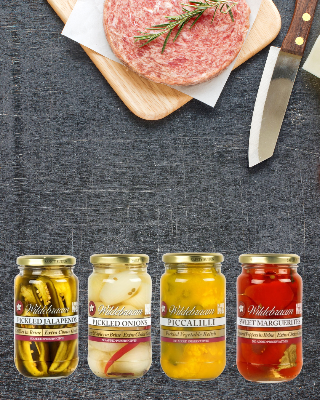Wildebraam Pickle Combo: Piccalilli, Sweet Marguerites, Jalapenos and Onions 4 x Jar