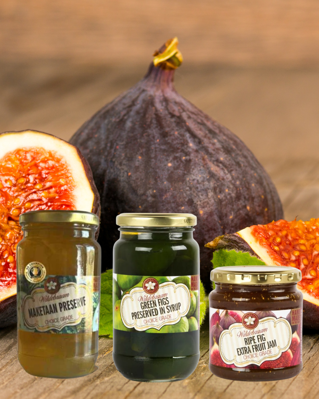 Three jars of fig preserves with fresh figs on a wooden surface