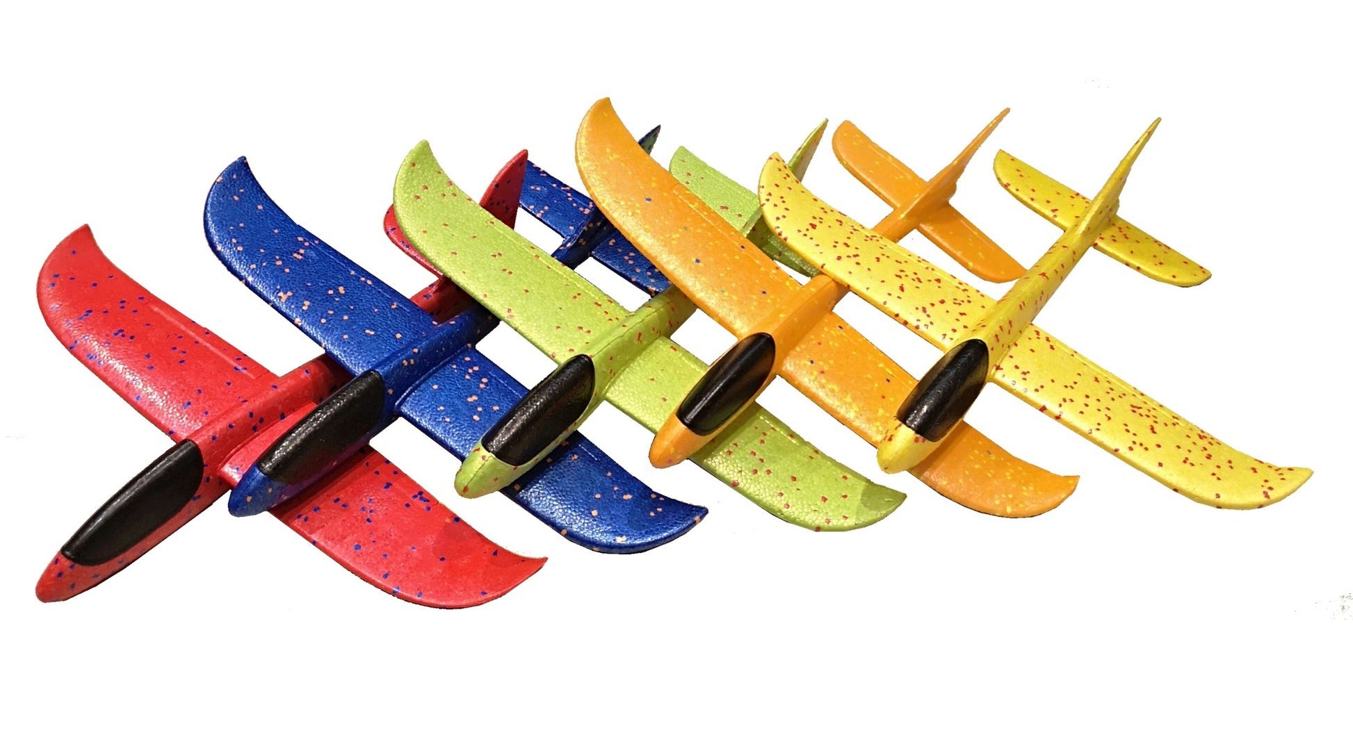 A set of five colorful foam airplanes with a solid pattern, displayed in a row.