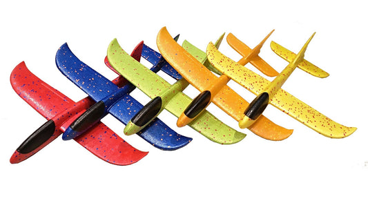 A set of five colorful foam airplanes with a solid pattern, displayed in a row.