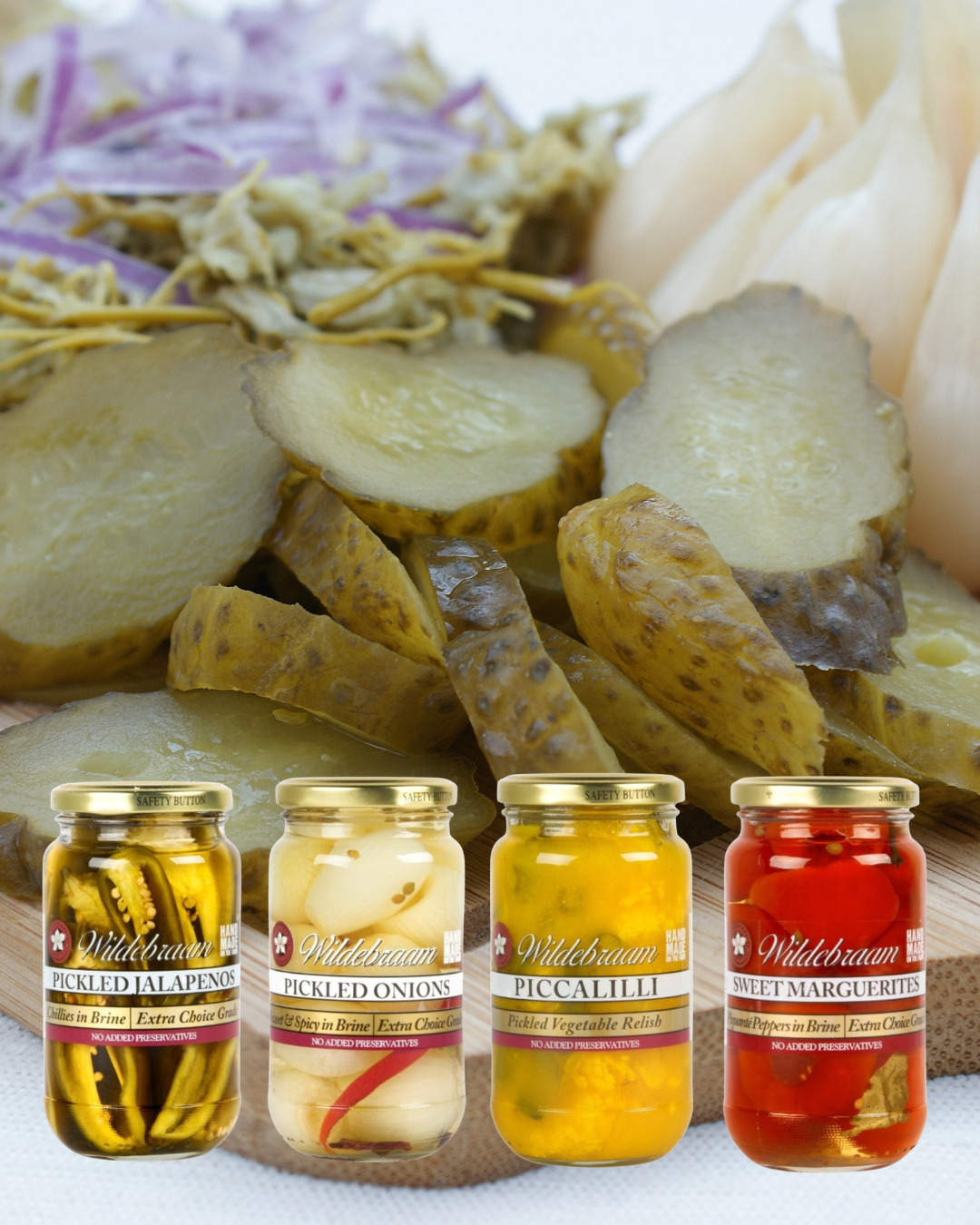 Wildebraam Pickle Combo: Piccalilli, Sweet Marguerites, Jalapenos and Onions 4 x Jar