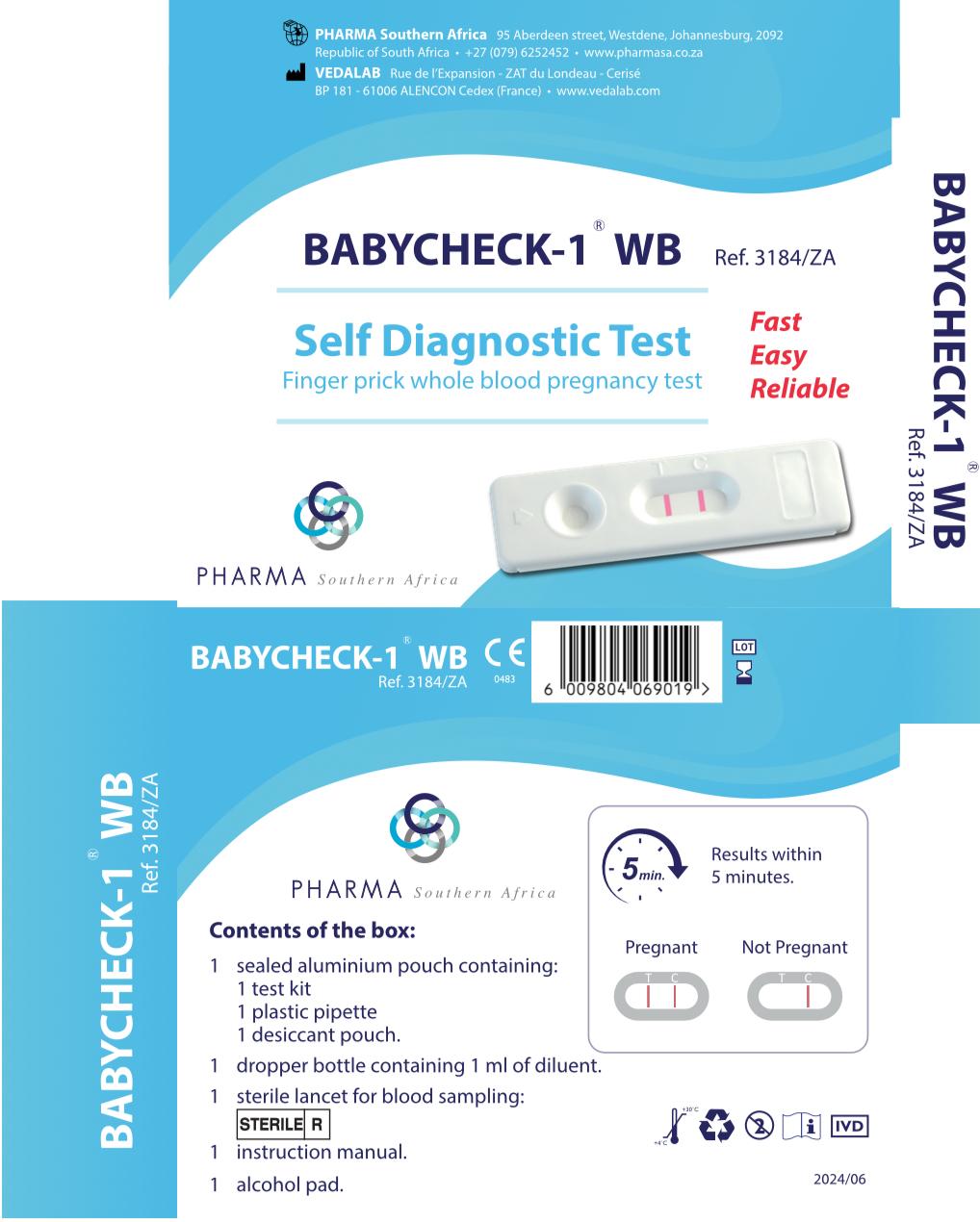 Babycheck, Pregnancy test, self diagnostic test, rapid test, blood pregnancy test, packaging