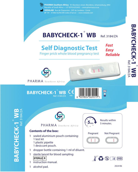 Babycheck, Pregnancy test, self diagnostic test, rapid test, blood pregnancy test, packaging