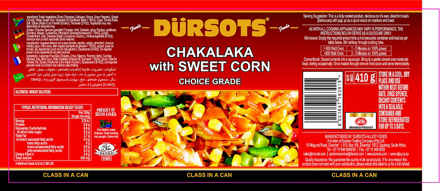 Dursots - Chakalaka & Sweet Corn 12 Pack 410g