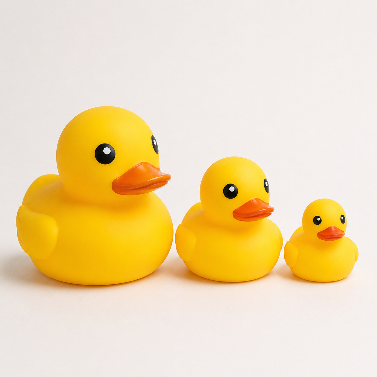 Three yellow rubber duckies in different sizes arranged from largest to smallest on a clean white background.