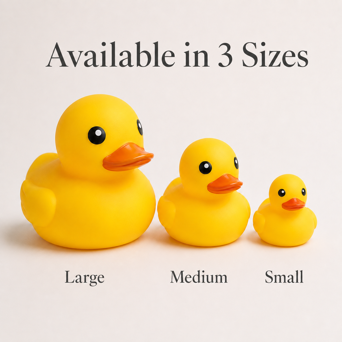 Three yellow rubber duckies in large, medium, and small sizes are shown on a light beige background with text reading 'Available in 3 Sizes' and labels 'Large', 'Medium', and 'Small'.