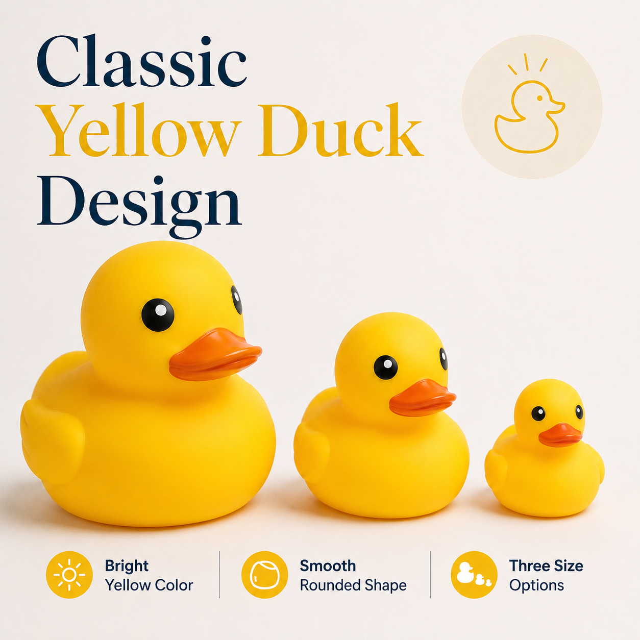 Three yellow rubber duck figures in different sizes on a light beige background with promotional text reading 'Classic Yellow Duck Design' and feature callouts.
