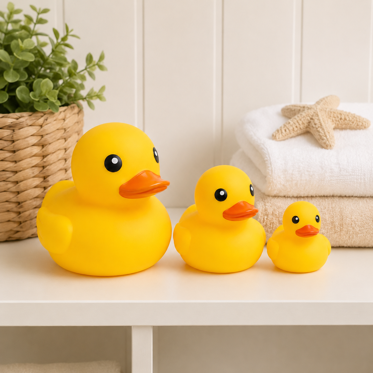 Three yellow rubber duck toys in different sizes arranged on a white shelf, with a woven basket plant and folded white towels with a starfish in the background.