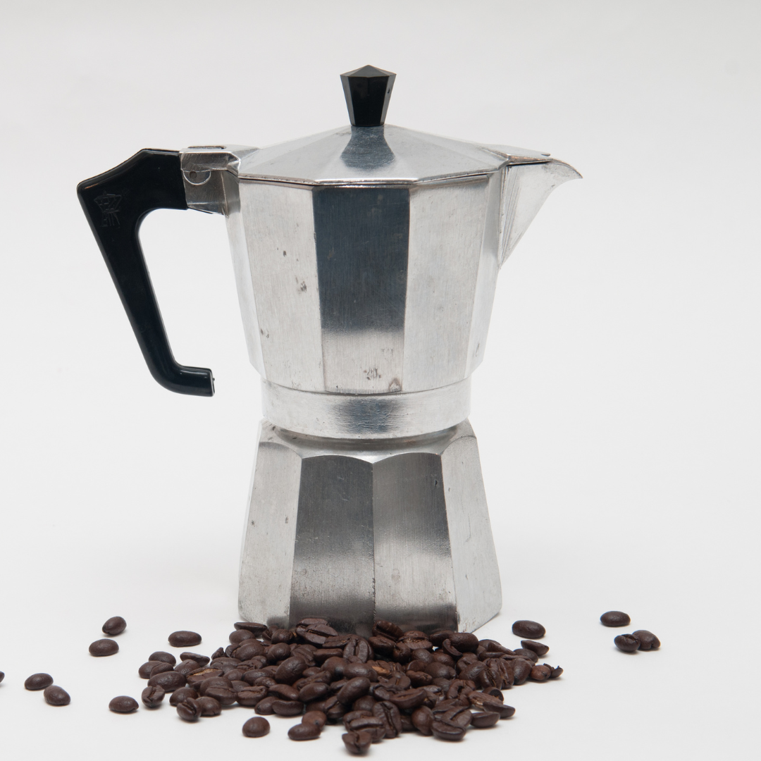 coffee, 9 cup stove top coffee pot silver, product image with coffee beans
